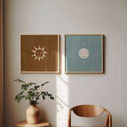 Print Set Sun & Moon Art Poster Decor Boho Gallery Wall Celestial Hanging Neutral Bohemian Home Magical Fine Blue - thumbnail 1