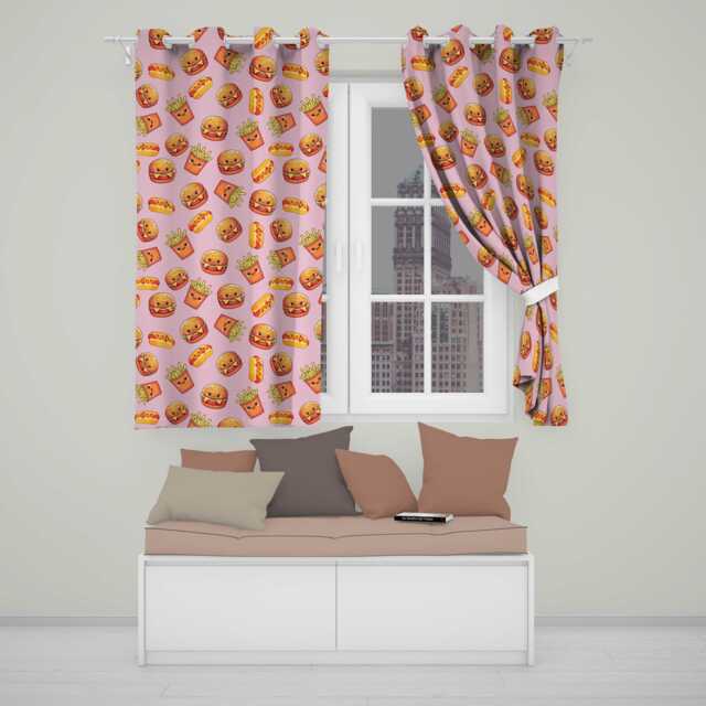 Kawaii Burger Fries Hotdog Fast Food Seamless Pattern Pastel Pink Background Readymade Eyelet Ring Top Thermal 100% Blackout Curtains - image 1