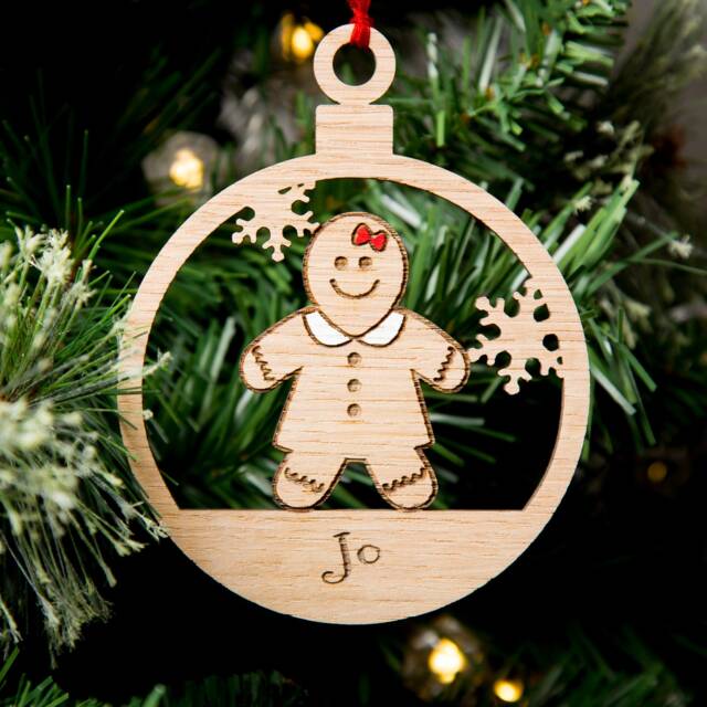 Christmas Decorations, Personalised Bauble, Wood Engraved Xmas Ornament, Gingerbread Child, Single Female - image 1