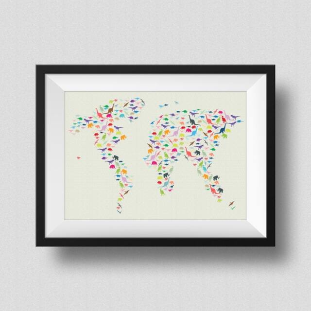 Dinosaur World Map Watercolor Art Print Ink Splash Poster Canvas Of The