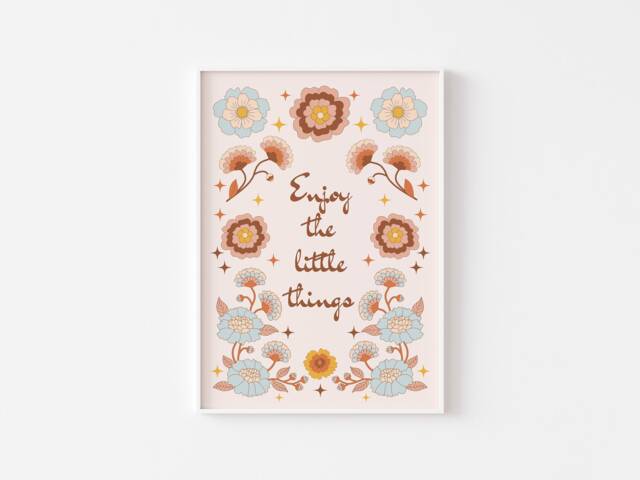 Retro Floral Enjoy The Little Things Print - Cute Soft Toned 60S 70S Poster, Flowers, Hippie Nature, Bohemian Inspirational Art - image 1