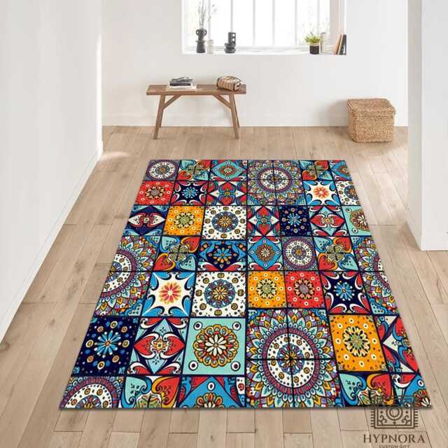 Colorful Moroccan Tile Rug Bohemian Washable Carpet - Vibrant Mosaic - image 1