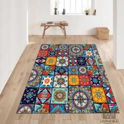 Colorful Moroccan Tile Rug Bohemian Washable Carpet - Vibrant Mosaic - thumbnail 1