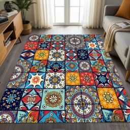 Colorful Moroccan Tile Rug Bohemian Washable Carpet - Vibrant Mosaic - thumbnail 2
