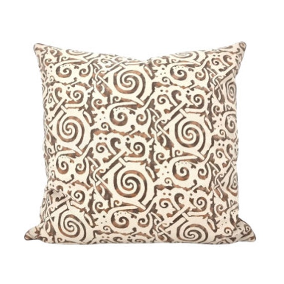 Fortuny Fabric Throw Pillow Cushion Cover in Tang Brown, Tan, Black & Pale Beige Maori Pattern - Made Italy - image 1