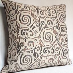 Fortuny Fabric Throw Pillow Cushion Cover in Tang Brown, Tan, Black & Pale Beige Maori Pattern - Made Italy - thumbnail 2