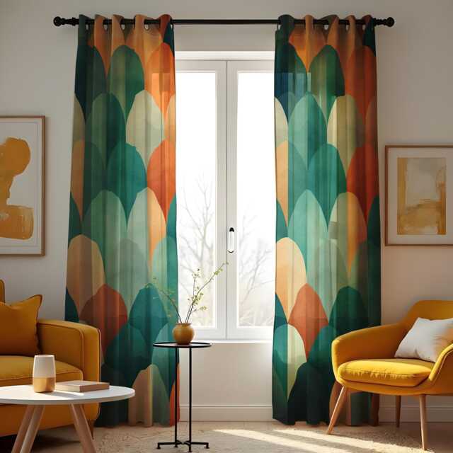 Modern Abstract Scallop Pattern Curtain, Bold Teal & Orange Drape, Geometric Window Treatment, Custom Size Available, Made To Order - image 1