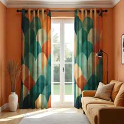 Modern Abstract Scallop Pattern Curtain, Bold Teal & Orange Drape, Geometric Window Treatment, Custom Size Available, Made To Order - thumbnail 2