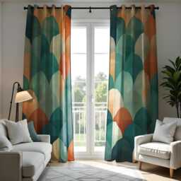 Modern Abstract Scallop Pattern Curtain, Bold Teal & Orange Drape, Geometric Window Treatment, Custom Size Available, Made To Order - thumbnail 3