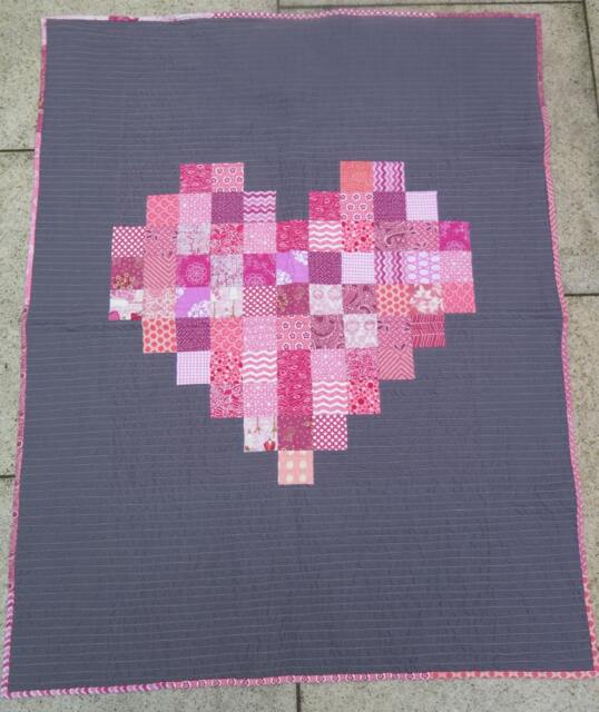 Pink Heart Quilt Modern Gray Baby Girl Throw - 40x52In - image 1