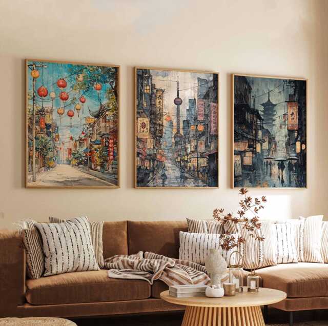 Set Of 3 Shanghai City Posters, Travel Prints, Wall Art, Decor Set, Cityscape Prints - image 1