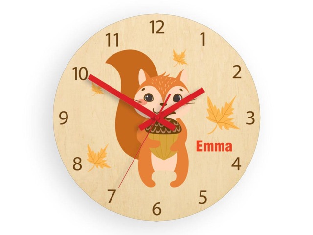 Kids Wall Clock - Scoiattolo With Personalizen Name, Wood Clock, Large Clock Childrens Room Wall Art Decal - image 1