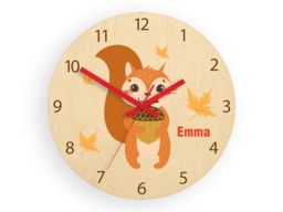 Kids Wall Clock - Scoiattolo With Personalizen Name, Wood Clock, Large Clock Childrens Room Wall Art Decal