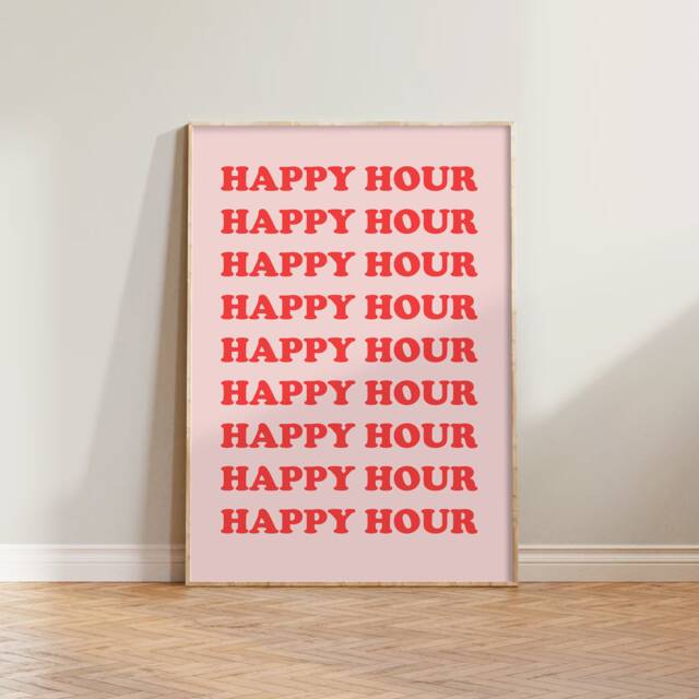 Happy Hour Print - Typography Wall Art, Retro Prints, Eclectic Colourful Kitchen Home Bar Cart - image 1