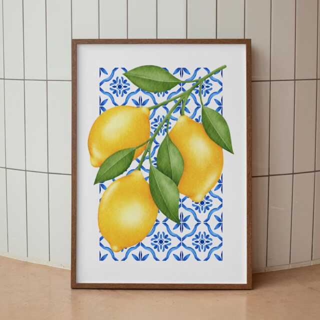 Lemon Wall Art Print - Amalfi Coast Kitchen Decor, Mediterranean Blue Tile Poster, Italian Fruit Illustration, Summer Aesthetic Home Decor - image 1
