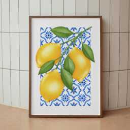 Lemon Wall Art Print - Amalfi Coast Kitchen Decor, Mediterranean Blue Tile Poster, Italian Fruit Illustration, Summer Aesthetic Home Decor - thumbnail 1