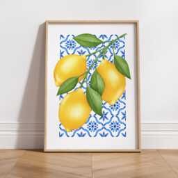 Lemon Wall Art Print - Amalfi Coast Kitchen Decor, Mediterranean Blue Tile Poster, Italian Fruit Illustration, Summer Aesthetic Home Decor - thumbnail 2