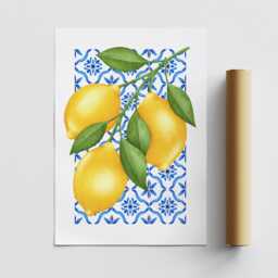 Lemon Wall Art Print - Amalfi Coast Kitchen Decor, Mediterranean Blue Tile Poster, Italian Fruit Illustration, Summer Aesthetic Home Decor - thumbnail 3