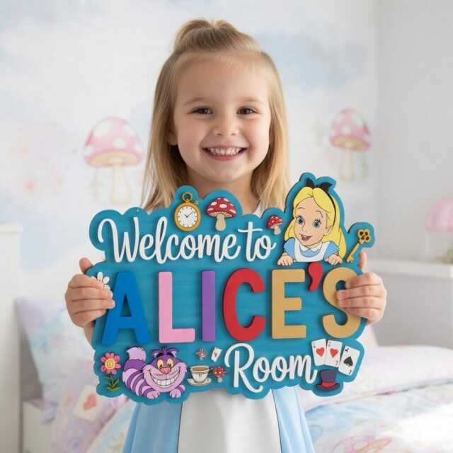 Personalized Alice in Wonderland Room Sign, Custom Name Door Decor, 3D Cheshire Cat Nursery Wall Art, Whimsical Girl Wood Sign - image 1