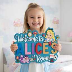 Personalized Alice in Wonderland Room Sign, Custom Name Door Decor, 3D Cheshire Cat Nursery Wall Art, Whimsical Girl Wood Sign - thumbnail 1