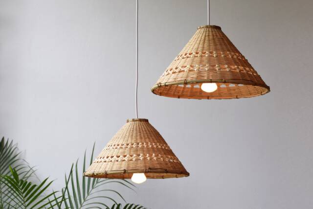 Natural Bamboo Light - Asian Decor Pendant Lamp Shade, Cone Triangle Wooden Woven Boho Rustic - image 1