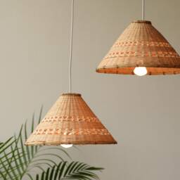 Natural Bamboo Light - Asian Decor Pendant Lamp Shade, Cone Triangle Wooden Woven Boho Rustic - thumbnail 3