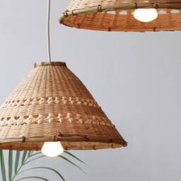 Natural Bamboo Light - Asian Decor Pendant Lamp Shade, Cone Triangle Wooden Woven Boho Rustic - thumbnail 2