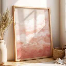 Blush Pink Cloud Wall Art Dream Sky Painting Pastel Cloudscape Large Room Decor Framed Boho Nursery Moon Poster Print - thumbnail 1