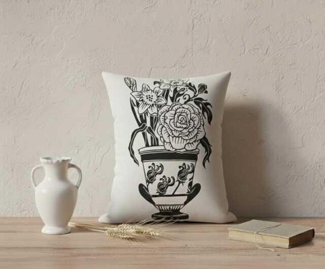 Hand Printed Amphora Pillow, Botanical Decorative Cushion, Greek Mythology Home Decor, Vase, Pottery, Ancient Greece, Floral - image 1