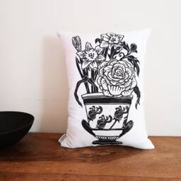 Hand Printed Amphora Pillow, Botanical Decorative Cushion, Greek Mythology Home Decor, Vase, Pottery, Ancient Greece, Floral - thumbnail 3