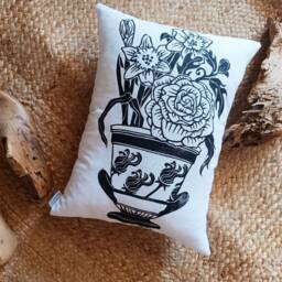 Hand Printed Amphora Pillow, Botanical Decorative Cushion, Greek Mythology Home Decor, Vase, Pottery, Ancient Greece, Floral - thumbnail 2
