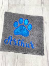 Personalised Puppy Towel, Glitter Paw Print Embroidered, Custom Pet Name