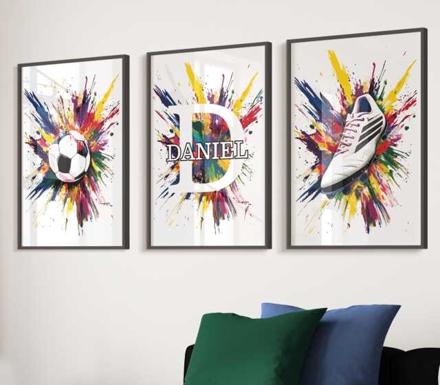 Personalised Football Prints, Vibrant Art For Boys Bedroom, Wall Art, Poster, Gift Son, Set Of 3 - image 1
