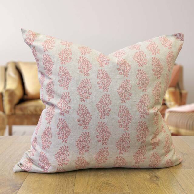 Hidcote Extra-Large Linen-Blend Cushion Cover in Dusky Rose Pink. Vintage Floral Emblems On A Linen Mix Cover. 23X23 - image 1
