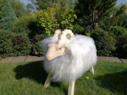 New Sheep Stool, Beautiful Pouf in The Shape Of Sheep Natural Icelandic Fur, Hand-Carved Wooden Elements Really Long, Soft Hair