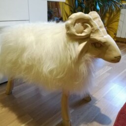New Sheep Stool, Beautiful Pouf in The Shape Of Sheep Natural Icelandic Fur, Hand-Carved Wooden Elements Really Long, Soft Hair - thumbnail 4