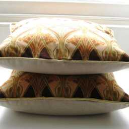 Liberty Vintage Ianthe Fabric, Mid 80S Art Nouveau Design Brown, Burgundy Red & Beige Cotton Cushion - thumbnail 3