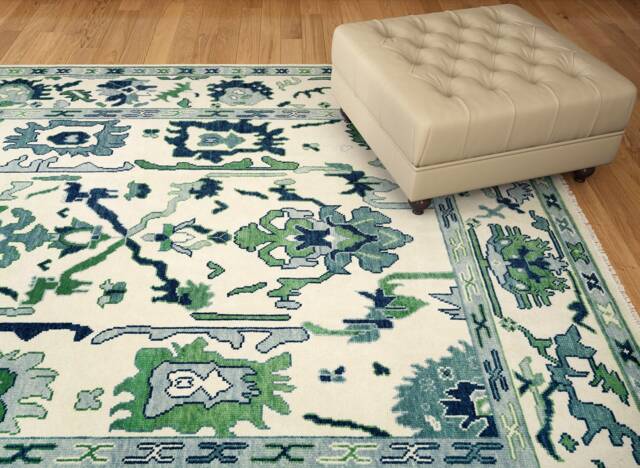 Blue & Green Oushak Rug, Modern Fine Woolrug With Navy Accent, Ivory Wool Rug For Living Room Palm Beach Area Ar-3648 - image 1