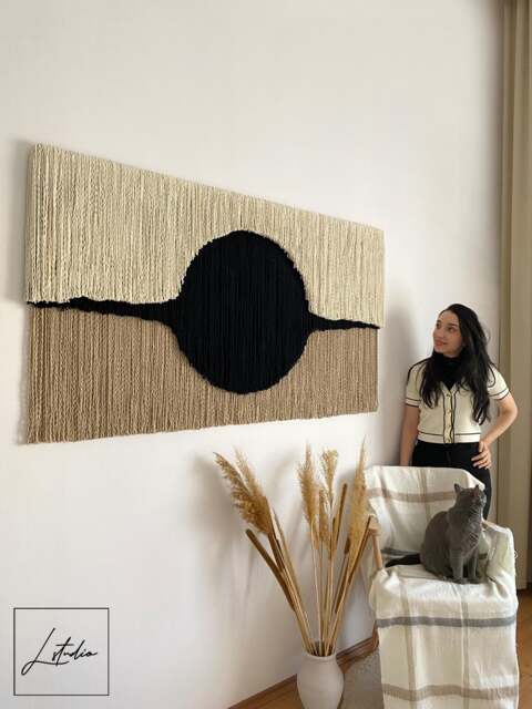 "Contemporary Fiber Wall Art With Black Circle, Extra Large Sculptural Macrame Hanging, Statement Textile Tapestry, Artwork ""Eclipse" - image 1