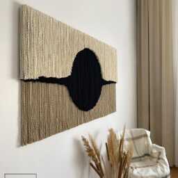 "Contemporary Fiber Wall Art With Black Circle, Extra Large Sculptural Macrame Hanging, Statement Textile Tapestry, Artwork ""Eclipse" - thumbnail 3