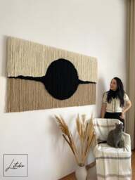 "Contemporary Fiber Wall Art With Black Circle, Extra Large Sculptural Macrame Hanging, Statement Textile Tapestry, Artwork ""Eclipse" - thumbnail 1