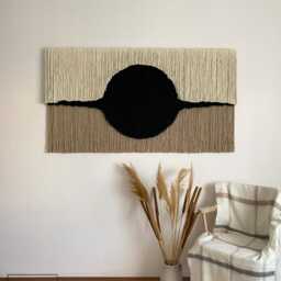 "Contemporary Fiber Wall Art With Black Circle, Extra Large Sculptural Macrame Hanging, Statement Textile Tapestry, Artwork ""Eclipse" - thumbnail 2