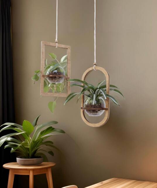 Wood Hanging Planter - Geometric Modern Boho Moss Pot Indoor Plant Hanger - image 1