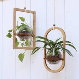 Wood Hanging Planter - Geometric Modern Boho Moss Pot Indoor Plant Hanger - thumbnail 3