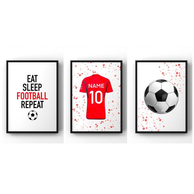 Set Of 3 Football Wall Art Prints Personalised Boys Bedroom Decor, Kids Shirt Name Print - image 1