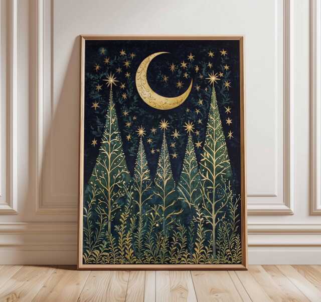 Christmas Moon Poster, Illustration Style Holiday Wall Art, Gold Star Decor, Celestial Night Festive Print, Gift Artwork