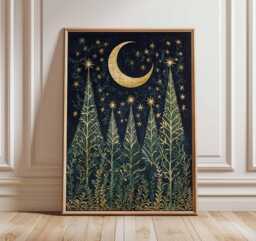 Christmas Moon Poster, Illustration Style Holiday Wall Art, Gold Star Decor, Celestial Night Festive Print, Gift Artwork - thumbnail 1