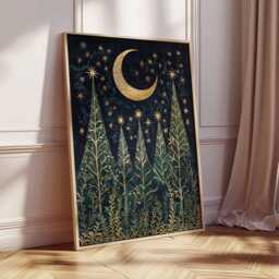 Christmas Moon Poster, Illustration Style Holiday Wall Art, Gold Star Decor, Celestial Night Festive Print, Gift Artwork - thumbnail 2