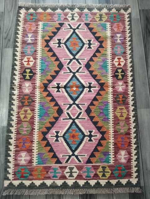 Kilim Rug Multicolour, Handmade Artisan Afghan Turkish Persian Rug, Navajo Moroccan Bohemian Flatweave, Natural Wool Dhurrie 124x83 cm - image 1