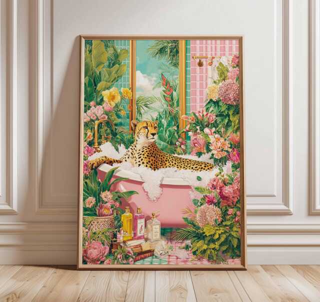 Tropical Leopard Bathroom Poster, Colorful Jungle Wall Art Print, Vibrant Boho Botanical Decor, Exotic Animal Illustration - image 1